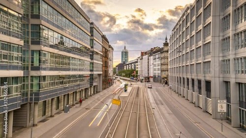 Munich street view of landsberger street time lapse hyperlapse video, munich city centre downtown view of mercedes building.
