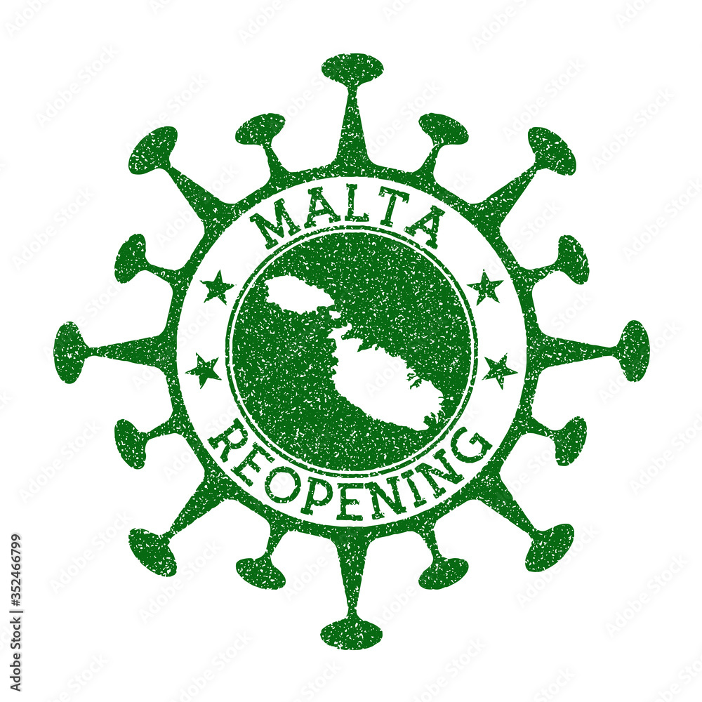 Malta Reopening Stamp. Green round badge of island with map of Malta. Island opening after lockdown. Vector illustration.
