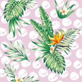 Tropical composition on branch exotic floral banana palm beach tree. Seamless vector wallpaper pattern flower Plumeria Strelitzia. Decorative abstract design on a pink background.