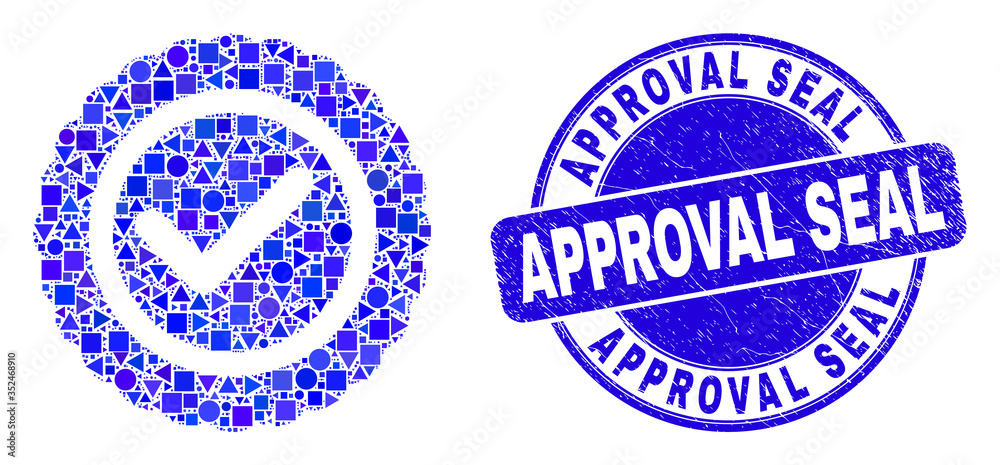 Geometric approve seal mosaic icon and Approval Seal stamp. Blue vector rounded distress seal stamp with Approval Seal title. Abstract mosaic of approve seal done of round, triangles,