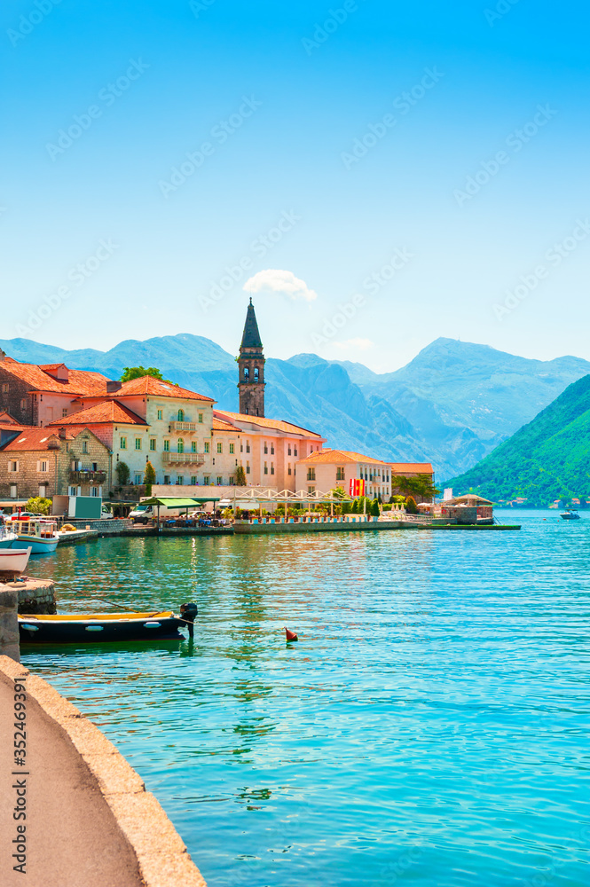 Beautiful view of Perast town in Kotor bay, Montenegro. Famous travel destination. Summer landscape. - obrazy, fototapety, plakaty 