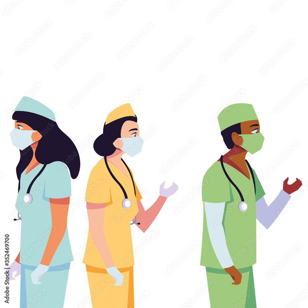 female and male doctors with uniforms and masks vector design female and male doctors with uniforms and masks vector design
