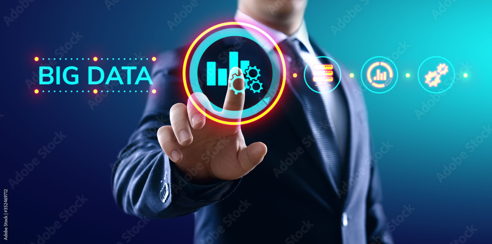 Fototapeta premium Big data analytics technology internet technology concept. Businessman pressing button on virtual screen.