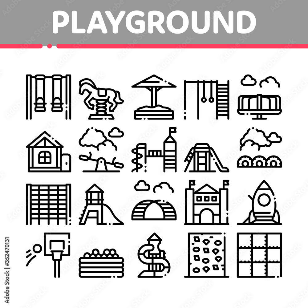 Playground Children Collection Icons Set Vector. Basketball And Climbing Wall, Seesaw And Swing In Horse Form Playground Attraction Concept Linear Pictograms. Monochrome Contour Illustrations