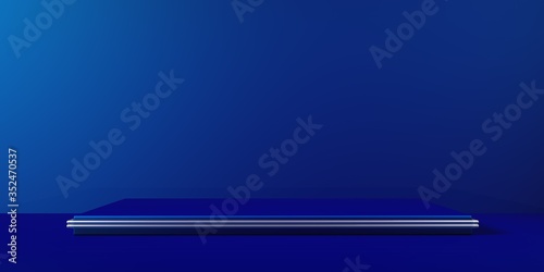 Espositore vuoto blu su fondo blu, podio o piedistallo per esposizione prodotti, base con sfondo vuoto, Rendering 3D, visione frontale