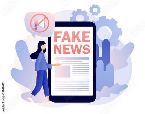 Fake news metaphors. Tiny girl read news with mobile app. Mass media, hot online information, propaganda newscast. Modern flat cartoon style. Vector illustration on white background