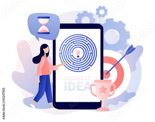 Business maze concept. Business metaphor. Tiny girl looking for a way to idea through the labyrinth with mobile app. Modern flat cartoon style. Vector illustration on white background