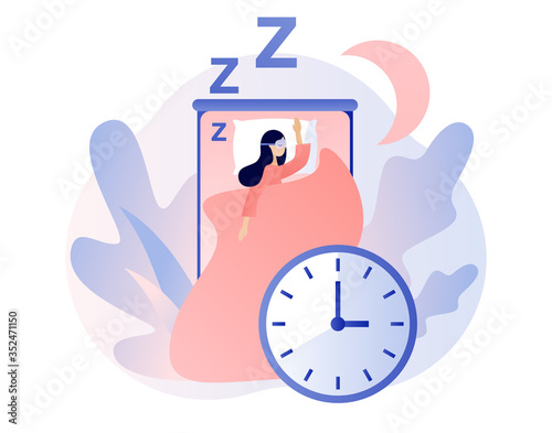 Sleep time. Sweet dreams. Good health and work of biological rhythms. Tiny woman sleeping at night in bed. Modern flat cartoon style. Vector illustration on white background