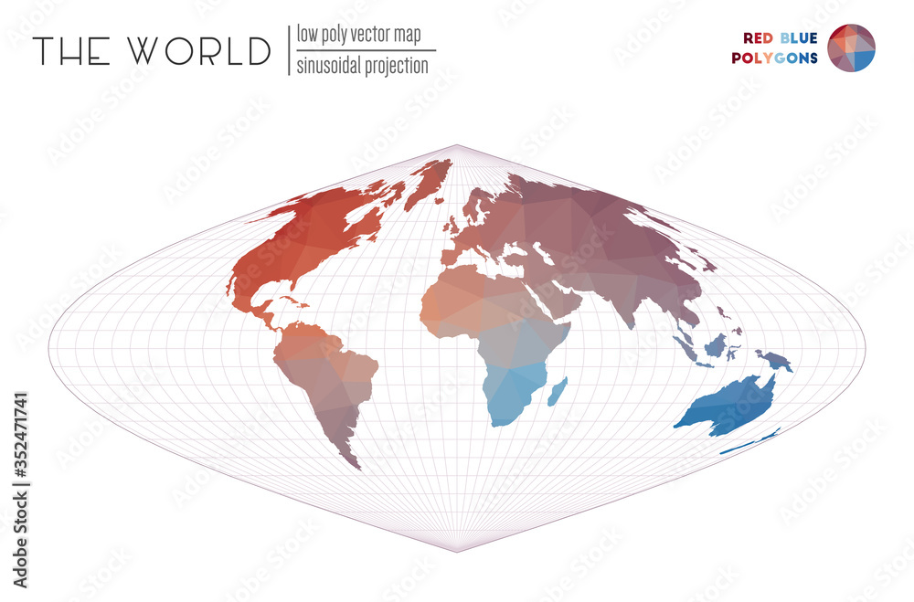 Polygonal world map. Sinusoidal projection of the world. Red and blue colored polygons. Beautiful vector illustration. Polygonal world map. Sinusoidal projection of the world. Red and blue colored polygons. Beautiful vector illustration.