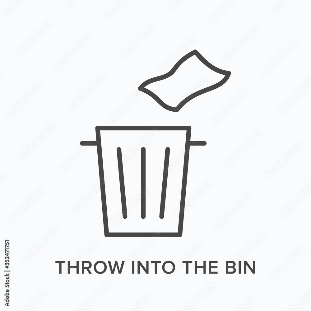 Throw trash into the bin flat line icon. Vector outline illustration of