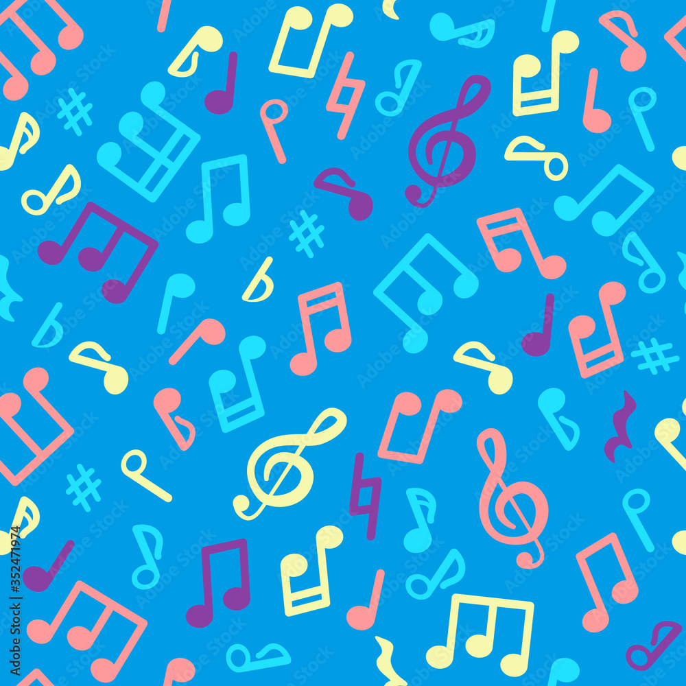 Abstract music seamless pattern of music notes. Bright colored notes on a blue background. Vector illustration melody. Abstract music seamless pattern of music notes. Bright colored notes on a blue background. Vector illustration melody.