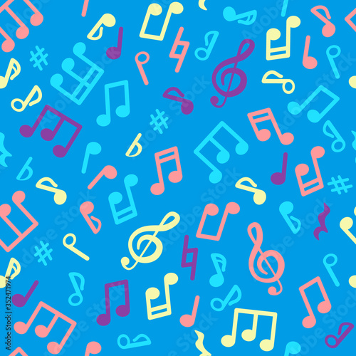 Abstract music seamless pattern of music notes. Bright colored notes on a blue background. Vector illustration melody.