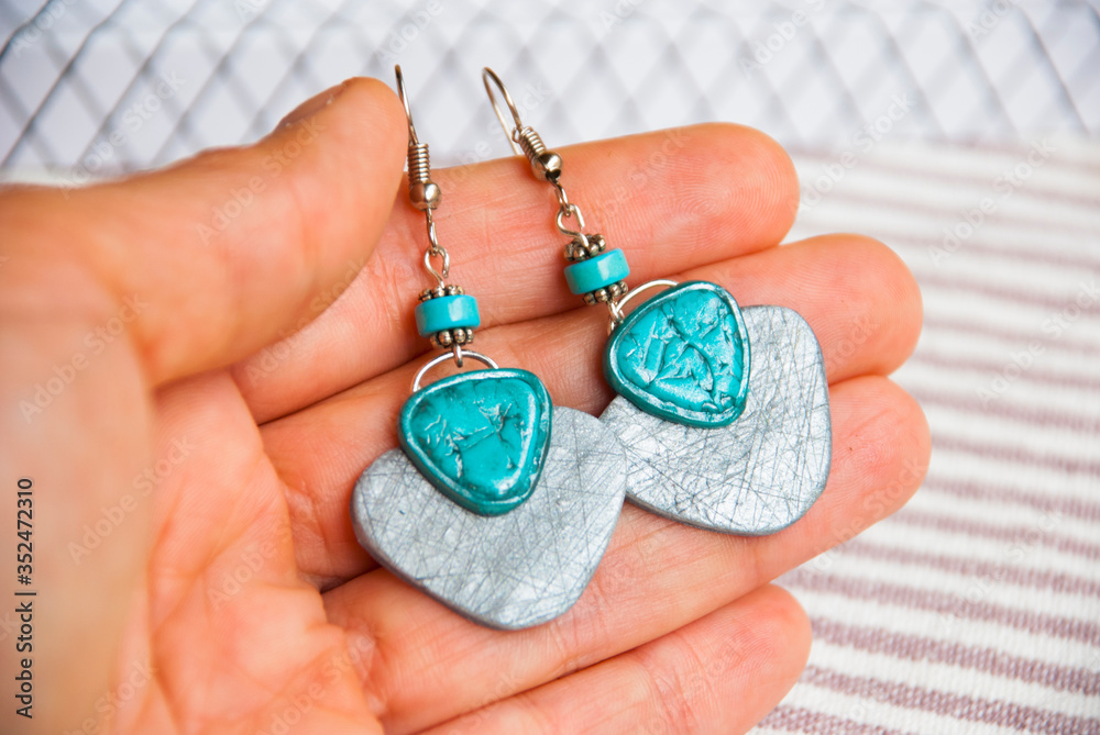 Boho chic silver earrings. Polymer clay jewelry. Boho chic silver earrings. Polymer clay jewelry.