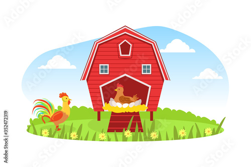 Farm Animals and Red Barn, Windmill on Beautiful Summer Rural Landscape, Rooster and Hen Hatchering Eggs Cartoon Vector Illustration