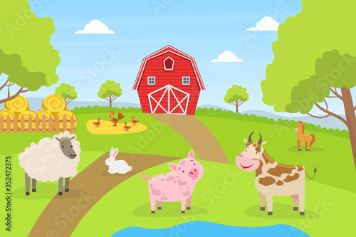 Beautiful Summer Rural Landscape with Green Field, Red Barn, Farm Animals, Cow, Pig, Sheep, Rabbit Cartoon Vector Illustration