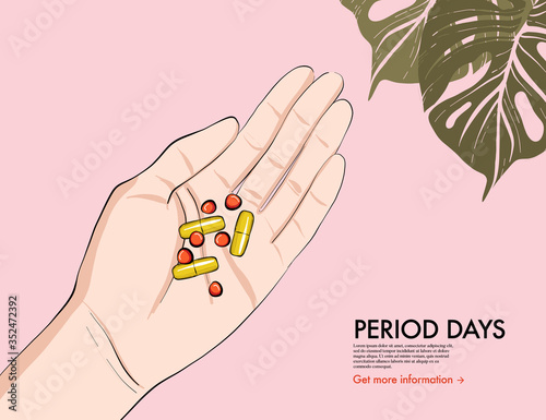 Medical pills on hand, pain killer, pharmacy capsules, tablets, supplements, hormone pills vector illustration. Anti pain drugs, stop infection art, period addiction drugs. Beauty drawing