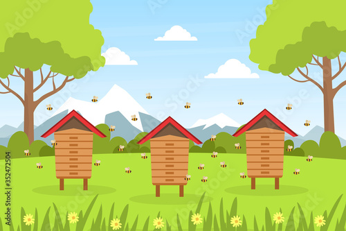 Beautiful Summer Landscape with Green Meadow, Wooden Beehives and Bees Cartoon Style Vector Illustration. Cartoon Vector Illustration