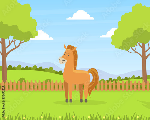 Beautiful Summer Rural Landscape with Green Field and Grazing Horse Barn Cartoon Vector Illustration