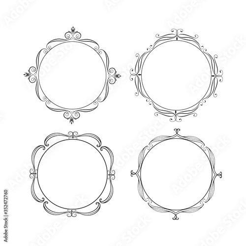 Hand drawn vintage round frames set. Elegant border. Vector isolated ornate classic decor. Vignette wedding invitation templates with swirl elements.