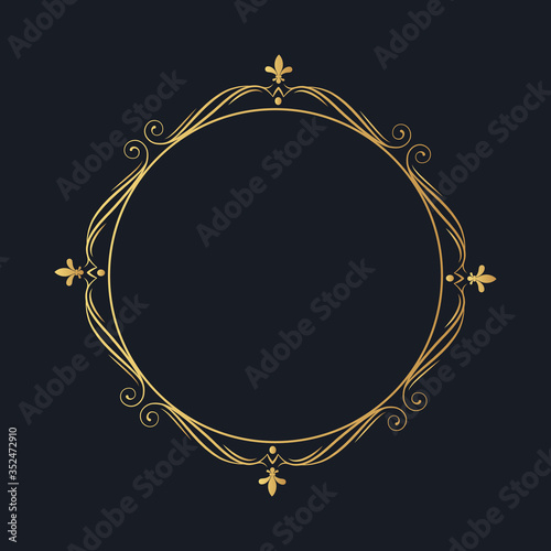 Elegant round frame. Golden vintage border. Gold calligraphic element for classic wedding invitation card.