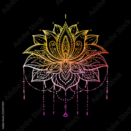 Ornate Lotus flower. Ayurveda symbol of harmony and balance and universe. Tattoo design, yoga logo. Boho print, poster, t-shirt textile. Isolated outline vector illustration in neon colors.