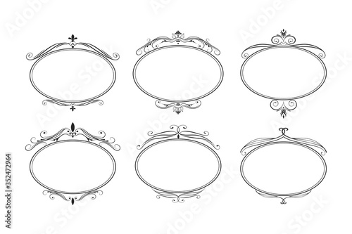 Hand drawn oval luxury frames set. Filigree round borders. Vector isolated vintage invitation elements. Classic royal wedding templates.