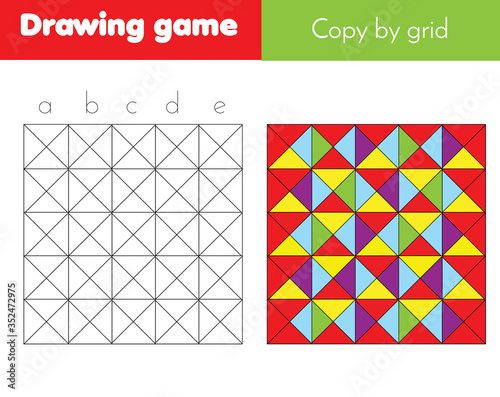Draw by grid educational game for children and kids. Copy abstract pattern