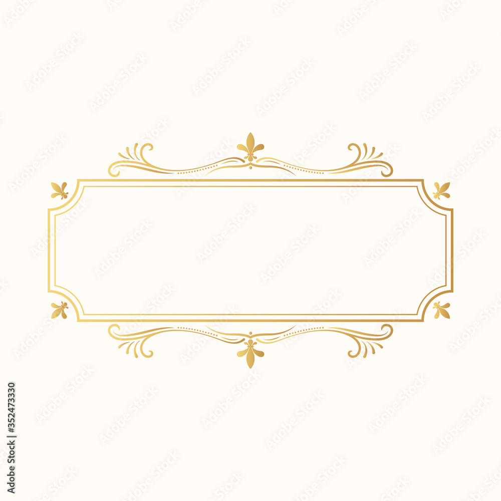 Hand drawn golden royal rectangular frame. Vintage gold calligraphic decor.  Vector isolated vignette border. Classic wedding invitation template.