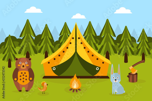 Fototapeta Naklejka Na Ścianę i Meble -  Summer Camping in Forest, Tent, Fir Trees, Bonfire, Rabbit and Bear, Hiking, Trekking on Nature Cartoon Vector Illustration