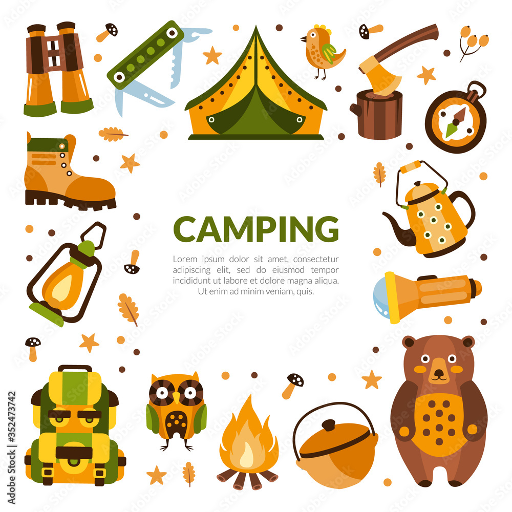 Fototapeta premium Camping Banner Template with Hiking Equipment, Summer Adventures, Mountaineering, Hiking, Trekking on Nature Vector Illustration