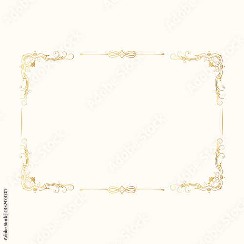 Hand drawn golden ornate filigree border. Vector isolated vintage royal frame with gold swirl decor elements. Royal wedding invitation card.