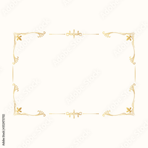 Hand drawn golden filigree rectangular frame. Royal border. Vector isolated swirl ornament. Gold classic wedding invitation vintage template.