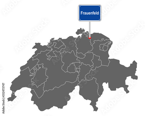 Landkarte der Schweiz mit Ortsschild von Frauenfeld