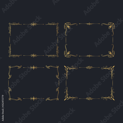 Gold vintage royal frames set with swirl decor elements. Golden ornate filigree borders. Vector isolated royal wedding invitation card templates.