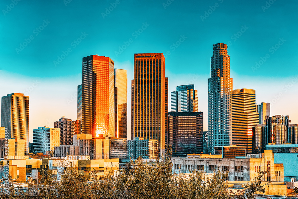 View of the Downtown of LA in the evening, before sunset time.
