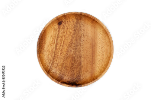 Empty wooden tray on white background.
