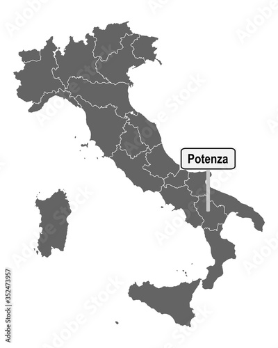 Landkarte von Italien mit Ortsschild von Potenza