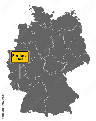 Landkarte von Deutschland mit Ortsschild von Rheinland-Pfalz