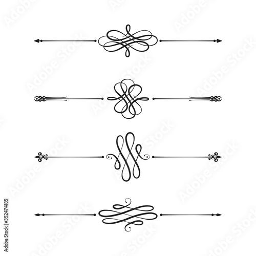 Hand drawn filigree dividers. Ornate swirl borders. Vector isolated vintage decor separators. Classic wedding invitation calligraphic lines.