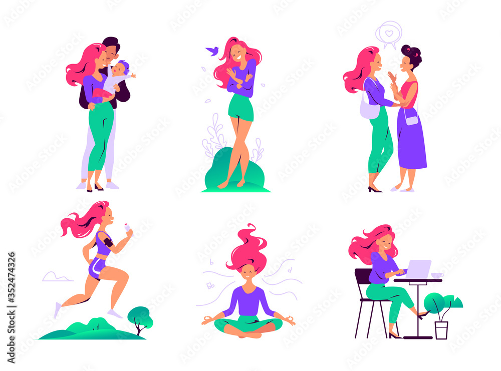 Concept for self care, mental health, healthy lifestyle. Young girl meditating, doing sports, walking, spend time with friends and family, working, taking time for herself. Vector flat illustration.