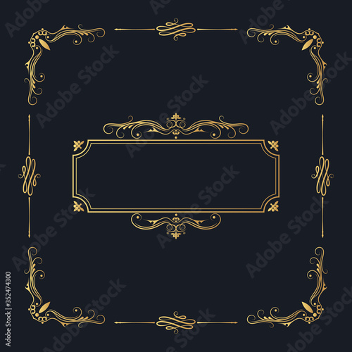 Hand drawn golden elegant squared frame with ornate borders and vintage corners.  Vector isolated gold Victorian pattern. Classic wedding invitation template.