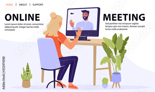 Video conference or online meeting concept. Woman having video call with friend using the computer. Video chat. Vector web page banner illustration.