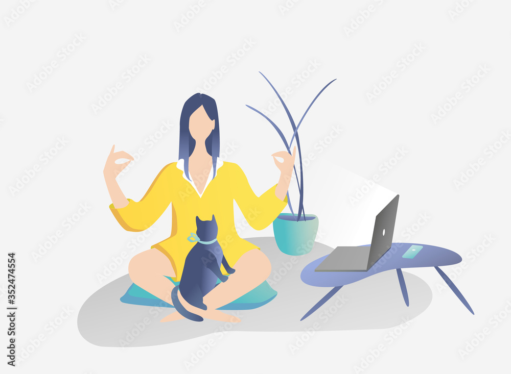 Work at home. Young beautiful girl resting from work at a laptop, doing yoga. Concept vector illustration isolated on light gray -blue yellow. Black cat on her legs. Flower in the background Work at home. Young beautiful girl resting from work at a laptop, doing yoga. Concept vector illustration isolated on light gray -blue yellow. Black cat on her legs. Flower in the background