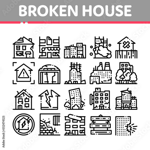 Broken House Building Collection Icons Set Vector. Crashed And Abandoned Building, Demolition Damaged Construction And Plant, Concept Linear Pictograms. Monochrome Contour Illustrations