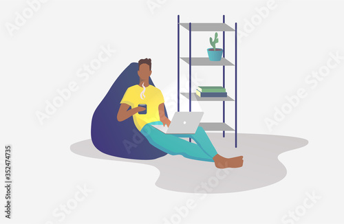 Work at home. Young man is sitting with laptop on the bean bag at home. Working on a computer. Freelance, online education or social media concept. Vector illustration isolated on light gray- blue yel