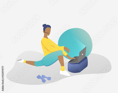 Work at home. Young beautiful girl is doing workout online. Sports activities in video tutorials. concept. Vector illustration isolated on light gray- blue yellow. Dumbbell  and ball for fitness