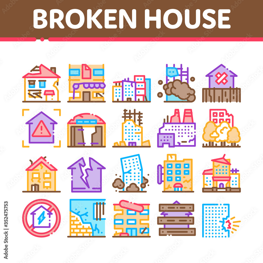 Broken House Building Collection Icons Set Vector. Crashed And Abandoned Building, Demolition Damaged Construction And Plant, Concept Linear Pictograms. Color Illustrations