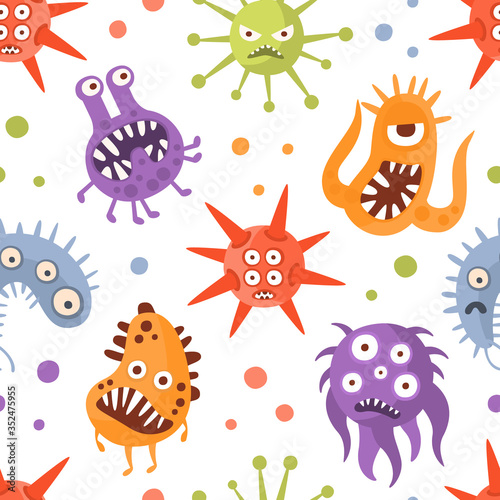 Various Microorganisms Seamless Pattern  Germs  Viruses and Microbes Characters  Design Element Can Be Used for Wallpaper  Packaging  Background Cartoon Vector Illustration