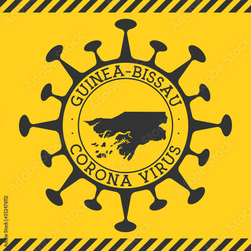 Corona virus in Guinea-Bissau sign. Round badge with shape of virus and Guinea-Bissau map. Yellow country epidemy lock down stamp. Vector illustration.