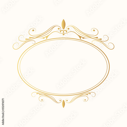 Hand drawn golden oval luxury frame. Gold filigree round border.  Vector isolated vintage invitation. Classic royal wedding template.